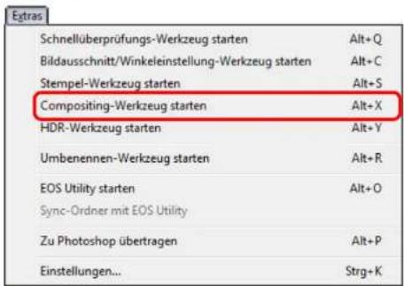 Schnellüberprüfungs-Werkzeug starten Alt+Q Bildausschnitt/Winkeleinstellung-Werkzeug starten Alt+C Stempel-Werkzeug starten Alt+S Compositing-Werkzeug starten Alt+X HDR-Werkzeug starten Alt+Y Umbenennen-Werkzeug starten Alt+R EOS Utility starten Alt+O Sync-Ordner mit EOS Utility Zu Photoshop übertragen Alt+P Einstellungen... Strg+K
