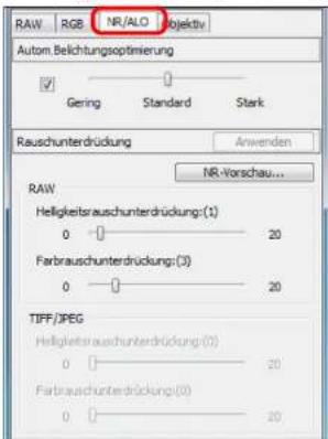 RAW RGB NR/ALO Objektiv Autom.Belichtungsoptimierung ✓ Gering Standard Sterk Rauschunterdrückung Anwenden NR-Vorschau... RAW Helligkeitsrauschunterdrückung:(1) 0 20 Farbrauschunterdrückung:(3) 0 20 TIFF/JPEG Helligkeitsrauschunterdrückung:(1) 0 20 Farbrauschunterdrückung:(3) 0 20
