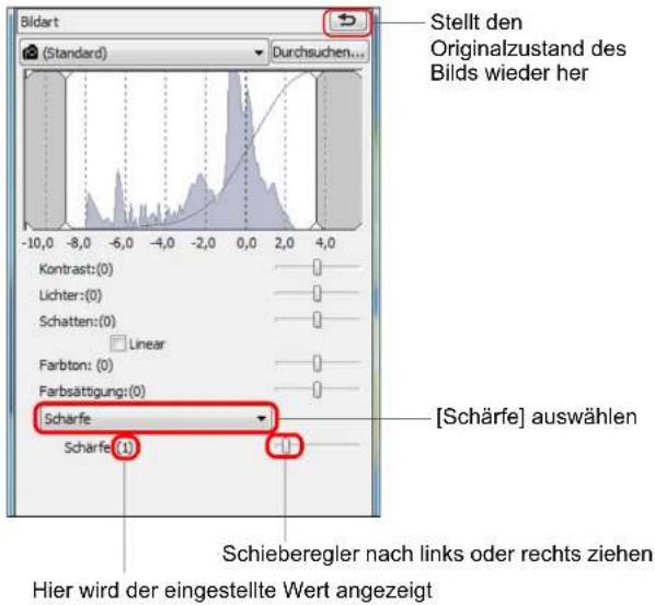 Bildart (Standard) Durchsuchen... Stellt den Originalzustand des Bilds wieder her -10,0 -8,0 -6,0 -4,0 -2,0 0,0 2,0 4,0 Kontrast: (0) Lichter: (0) Schatten: (0) Linear Farbton: (0) Farbsättigung: (0) [Schärfe] auswählen Scharfe Schieberegler nach links oder rechts ziehen Hier wird der eingestellte Wert angezeigt