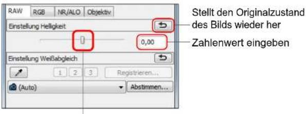 RAW RGB NR/ALO Objektiv Einstellung Helligkeit 0,00 Stellt den Originalzustand des Bilds wieder her Zahlenwert eingeben Einstellung Weißabgleich 1 2 3 Registrieren... (Auto) Abstimmen...