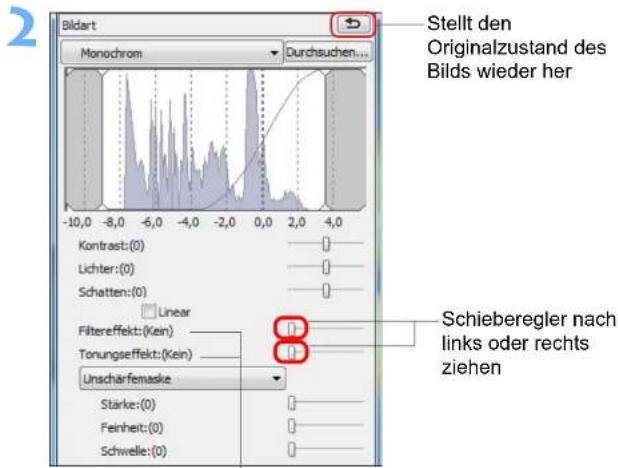 Bildart Monochrom Durchsuchen... Stellt den Originalzustand des Bilds wieder her -10,0 -8,0 -6,0 -4,0 -2,0 0,0 2,0 4,0 Kontrast:(0) Lichter:(0) Schatten:(0) Linear Filtereffekt:(Kein) Tonungseffekt:(Kein) Unscharfemaske Stärke:(0) Feinheit:(0) Schwelle:(0) Schieberegler nach links oder rechts ziehen
