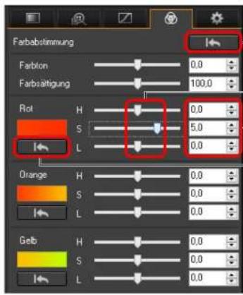 Farbastimmung Farblon 0.0 Farbaltigung 100.0 Rot H 0.0 S 5.0 L 0.0 Orange H 0.0 S 0.0 L 0.0 Gelb H 0.0 S 0.0 L 0.0