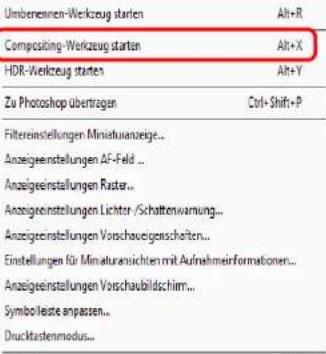 Umbenennen-Werkzeug starten Alt+R Compositing-Werkzeug starten Alt+X HDR-Werkzeug starten Alt+Y Zu Photoshop übertragen Ctrl+Shift+P Filtereinstellungen Miniatuanzeige... Anzeigeestellungen AF-Feld ... Anzeigeeinstellungen Raster... Anzeigeestellungen Lichter-/Schottenwamung... Anzeigeeinstellungen Vorschauigenscheiten... Einstellungen für Minaturansichten mit Aufnahmeinformationen... Anzeigeeinstellungen Vorschaubildschirm... Symbolleste anpassen... Drucktastemmodus...