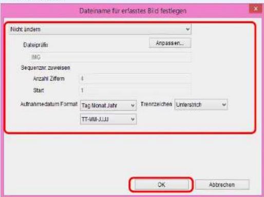 Dateiname für erfasstes Bird festlegen Nicht ändern Dateipäfin Anpassen... ING Sequenzir zuweisen Anzahl Zifern 4 Start 1 Aufnahmedatum Format Tag Monat Jahr Trennzeichen Unlerschich TT-MM-J.JU OK Abtrechen