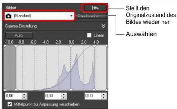 Bildart (Standard) Stellt den Originalzustand des Bildes wieder her Auswählen Gamma-Einstellung Auto Linear 0.00 -8.0 -6.0 -4.0 -2.0 0.0 2.0 4.0 0.00 -0.00 -0.00 -0.00 -0.00 ✓ Mittelpunkt zur Anpassung verschieben