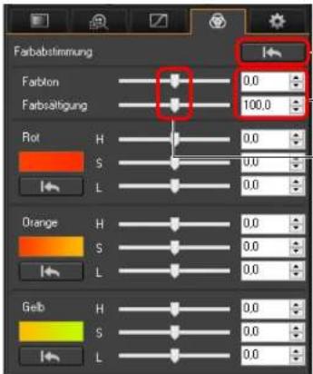 Farbostimmung Farblon 0.0 Farbsätigung 100.0 Rot H 0.0 S 0.0 L 0.0 Orange H 0.0 S 0.0 L 0.0 Gelb H 0.0 S 0.0 L 0.0