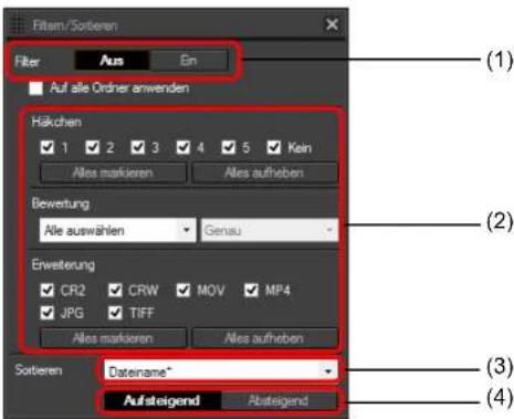 Filter /Sortieren Filter Aus Ein Auf alle Ordner anwenden Häkchen 1 2 3 4 5 Alles markieren Alles aufhoben Bewertung Alle auswählen Genau Erweiterung CR2 CRW MOV MP4 JPG TIFF Alles markieren Alles aufhoben Sortieren Datename* Aufsteigend Absteigend (1) (2) (3) (4)
