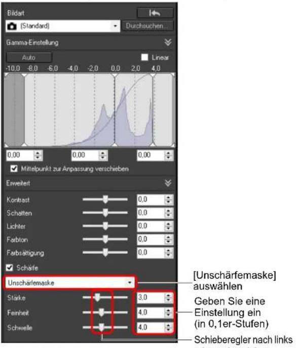 Bildart (Standard) Durchsuchen... Gamma-Einstellung Auto Linear -10.0 -8.0 -6.0 -4.0 -2.0 0.0 2.0 4.0 0.00 0.00 0.00 Mittelpunkt zur Anpassung verschieben Erweiterl Kontrast 0.0 Schatten 0.0 Lichter 0.0 Farbton 0.0 Farbstätigung 0.0 Schäfte Unschärfemaske Stärke 3.0 Feinheit 4.0 Schwelle 4.0 [Unschärfemaske] auswählen Geben Sie eine Einstellung ein (in 0,1er-Stufen) Schieberegler nach links