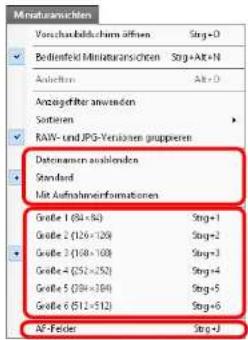 Minaturansichten Verschuldurchsichern öffnen Strg+0 Bedienfeld Minaturansichten Strg+Alt+N Anleihen Alt+0 Anzugeffter anwenden Sofernen RAW- und JPG-Verändern grupieren Datemanen ausboden Standard Mit Aufshashinformationen Größe 1 (84×86) Strg+1 Größe 2 (126×129) Strg+2 Größe 3 (150×153) Strg+3 Größe 4 (252×252) Strg+4 Größe 5 (378×374) Strg+5 Größe 6 (512×512) Strg+6 AF-Felder Strg+3