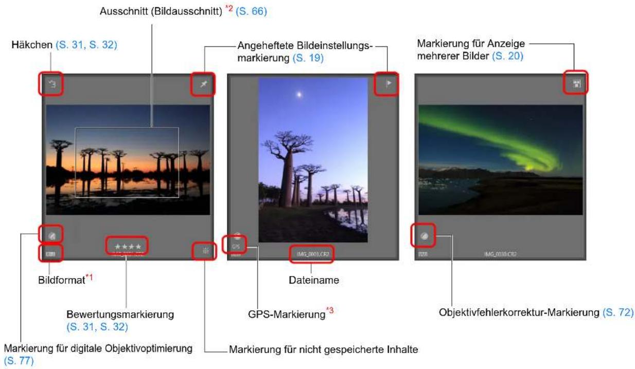 Ausschnitt (Bildausschnitt) *2 (S. 66) Häkchen (S. 31, S. 32) Angeheftete Bildeinstellungs- markierung (S. 19) Markierung für Anzeige mehrerer Bilder (S. 20) Bildformat*1 Bewertungsmarkierung (S. 31, S. 32) Dateiname GPS-Markierung *3 Objektivfehlerkorrektur-Markierung (S. 72) Markierung für digitale Objektivoptimierung (S. 77) Markierung für nicht gespeicherte Inhalte
