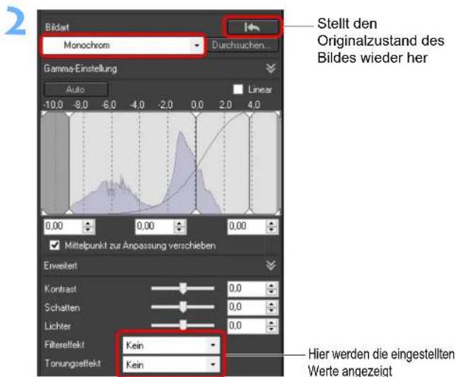 Bildart Monochrom Durchsuchen Stellt den Originalzustand des Bildes wieder her Gamma-Einstellung Auto Linear -10.0 -8.0 -6.0 -4.0 -2.0 0.0 2.0 4.0 0,00 0,00 0,00 ✓ Mittelpunkt zur Anpassung verschieben Erweitert Krontrast Schatten Lichter Filtereffekt Kein Tonungseffekt Kein Hier werden die eingestellten Werte angezeigt