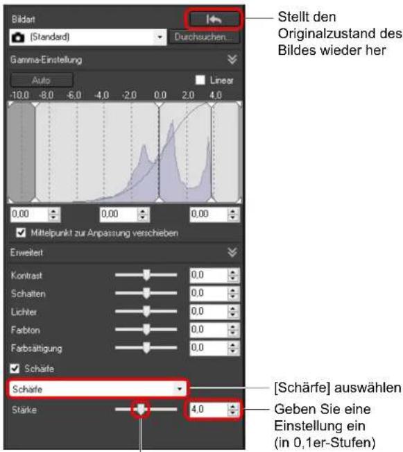Bildart (Standard) Durchsuchen Stellt den Originalzustand des Bildes wieder her Gamma-Einstellung Auto Linear -10.0 -8.0 -6.0 -4.0 -2.0 0.0 2.0 4.0 0,00 0,00 0,00 ✓ Mittelpunkt zur Anpassung verschieben Erweitert Kontrast 0,0 Schalten 0,0 Lichter 0,0 Fabton 0,0 Farbsättigung 0,0 ✓ Schärfe Scharfe Stärke 4,0 [Schärfe] auswählen Geben Sie eine Einstellung ein (in 0,1er-Stufen)