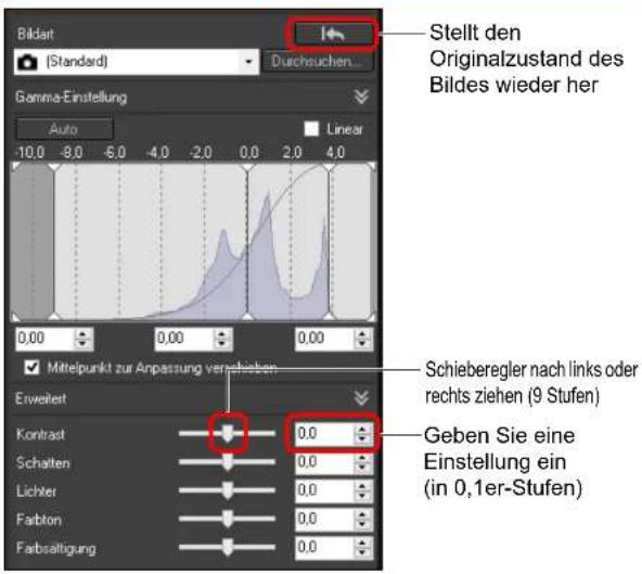 Bildat (Standard) Durchsuchen... Stellt den Originalzustand des Bildes wieder her Gamma-Einstellung Auto Linear 0,00 0,00 0,00 0,00 Schieberegler nach links oder rechts ziehen (9 Stufen) Mittelpunkt zur Anpassung verschieben Erweitert Kontrast 0,0 Geben Sie eine Einstellung ein (in 0,1er-Stufen) Schatten 0,0 Lichter 0,0 Fabton 0,0 Farbsaltigung 0,0