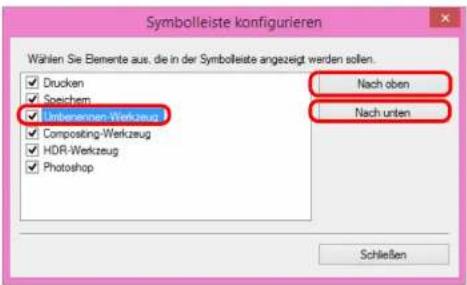 Symbolleiste konfigurieren Wählen Sie Elemente aus, die in der Symbolleiste angezeigt werden sollen. ✓ Drucken ✓ Speichem ✓ Untervenzen-Werkzeug ✓ Composting-Werkzeug ✓ HDR-Werkzeug ✓ Photoshop Nach oben Nach unten Schließen