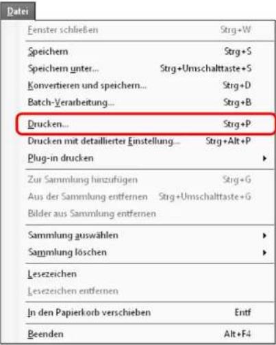 Datei Fenster schließen Strg+W Speichern Strg+S Speichern unter... Strg+Umschalttaste+S Konvertieren und speichern... Strg+D Batch-Verarbeitung... Strg+B Drucken... Strg+P Drucken mit detaillierter Einstellung... Strg+Alt+P Plug-in drucken Zur Sammlung hinzufügen Strg+G Aus der Sammlung entfernen Strg+Umschalttaste+G Bilder aus Sammlung entfernen Sammlung auswahlen Sammlung löschen Leszeichen Leszeichen entfernen In den Papierkorb verschieben Entf Beenden Alt+F4