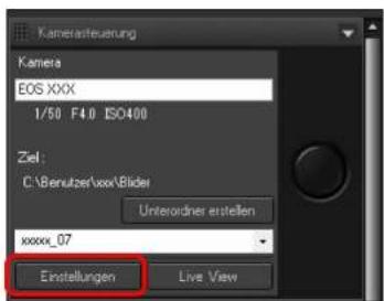 Kamerasteuerung Kamera EOS XXX 1/50 F4.0 ISO400 Ziel : C:\Benutzer\xxx\Slider Unterordner erstellen xxxx_07 Einstellungen Live View