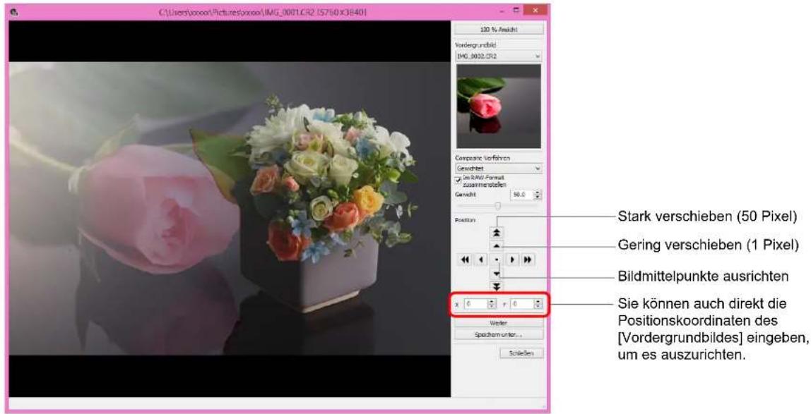 C:\Users\joonoo\Pictures\joonoo\IMG_0001.CR2 [5750 x3640] 100 % Anschl Vordergrundbild IMG_0002.CR2 Composite Verfahren Gewichtet On RAW Format zusammenstaben Gewicht 50.0 Position: Stark verschieben (50 Pixel) Gering verschieben (1 Pixel) Bildmittelpunkte ausrichten Sie können auch direkt die Positionskoordinalen des [Vordergrundbildes] eingeben, um es auszurichten. x 0 r 0 Werte Spachem unter... Schießen