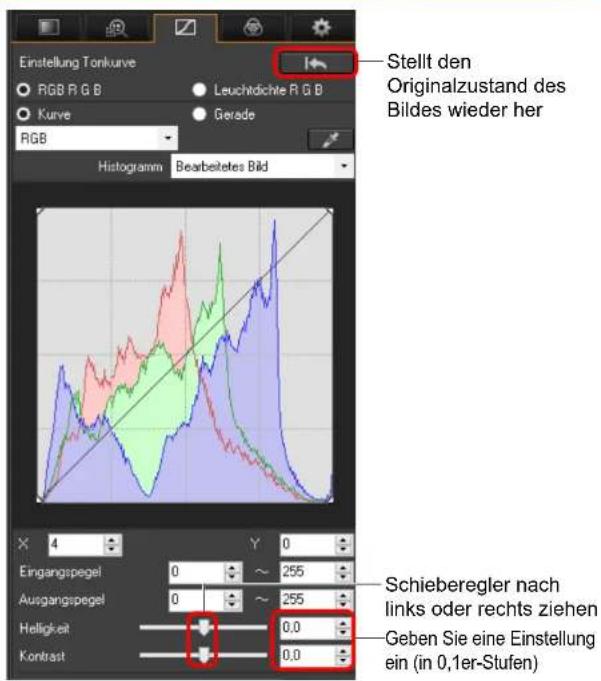 Einstellung Tonkurve RGB R G B Leuchtdichte R G B Kurve Gevade RGB Histogramn Bearbeitetes Bild Stellt den Originalzustand des Bildes wieder her Schieberegler nach links oder rechts ziehen Geben Sie eine Einstellung ein (in 0,1er-Stufen) 4 Y 0 Eingangspegel 0 ~ 255 Ausgangspegel 0 ~ 255 Helligkeit 0,0 Kontrast 0,0