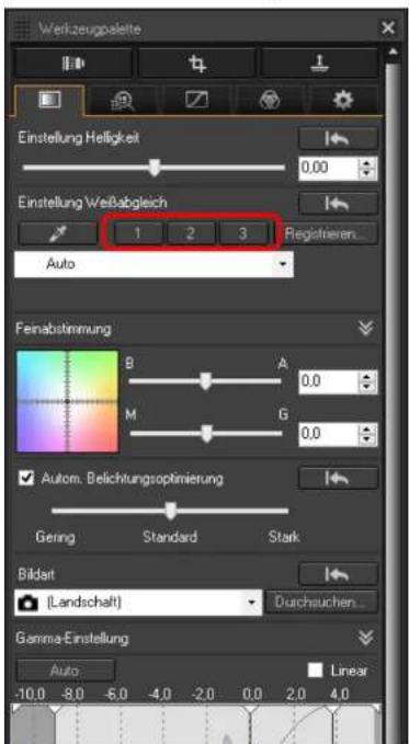 Verlzeugpaleite Einstellung Helligkeit 0,00 Einstellung Weißabgleich 1 2 3 Auto Feinabstimmung B A 0,0 M G 0,0 Autom. Belichtungsoptimierung Gering Standard Stark Bildart (Landschaft) Durchsuchen... Gamma-Einstellung Auto Linear -10.0 -8.0 -6.0 -4.0 -2.0 0.0 2.0 4.0