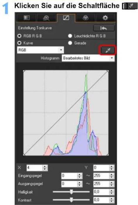 1 Klicken Sie auf die Schaltfläche Einstellung Tonkurve RGB R G B Leuchidichte R G B Kurve Gerade RGB Histogram Bearbeitetes Bild X 4 Y 0 Eingangspegel 0 ~ 255 Ausgangspegel 0 ~ 255 Helligkeit 0,0 Kontrast 0,0