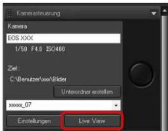 Kamerasteuerung Kamera EOS XXX 1/50 F4.0 ISO400 Ziel : C:\Benutzer\xxx\Bider Untersordner erstellen xxxx_07 Einstellungen Live View