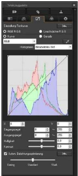 Ensembl Tonkurve RGB RGB Kurve RGB Leuchtkrive RGB Grade Holdingness Beschreibtes Red X 4 Y 0 Eingangpegel 0 ~ 255 Ausgangpegel 0 ~ 255 Holding 0.0 Kraus 0.0 Autom. Beichungsporferung Bearing Standard Staat