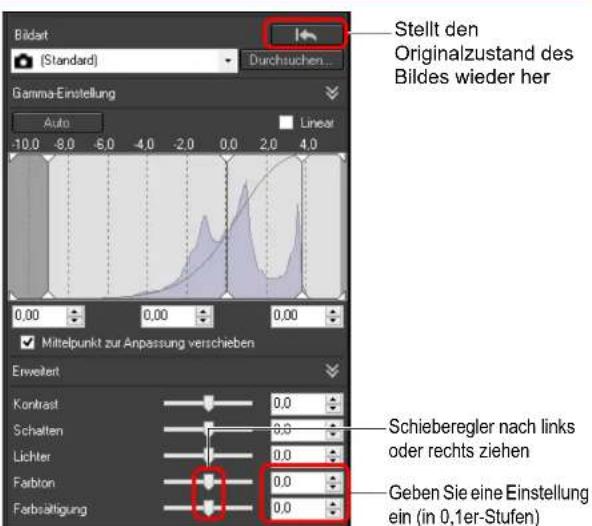 Bildart (Standard) Durchsuchen... Stellt den Originalzustand des Bildes wieder her Gamma-Einstellung Auto Linear -10.0 -8.0 -6.0 -4.0 -2.0 0.0 2.0 4.0 0,00 0,00 0,00 Mittelpunkt zur Anpassung verschieben Erweitert Kontrast Schalten Lichter Farbron Farbsättigung Schieberegler nach links oder rechts ziehen 0,0 0,0 0,0 0,0 Geben Sie eine Einstellung ein (in 0,1er-Stufen)