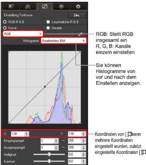Einstellung Tonkurve RGB R G B Leuchtidichte R G B Kurve Gerade RGB Histogramm Bearbeitetes Bild RGB: Stellt RGB insgesamt ein R, G, B: Kanäle einzeln einstellen Sie können Histogramme von vor und nach dem Einstellen anzeigen. 128 Y 130 Eingangspegel 0 ~ 255 Ausgangspegel 0 ~ 255 Helligkeit 0.0 Kontrast 0.0 Koordinaten von [ ] wenn mehrere Koordinaten eingestellt wurden, zuletzt eingestellte Koordinaten [ ]