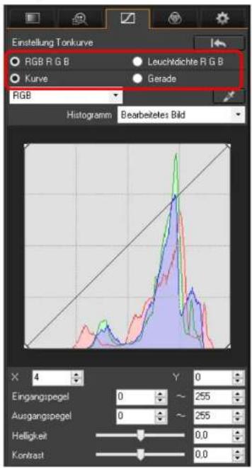 Einstellung Tonkurve RGB R G B Leuchtdichte R G B Kurve Gerade RGB Histogram Bearbeitetes Bild X 4 Y 0 Eingangspegel 0 ~ 255 Ausgangspegel 0 ~ 255 Helligkeit 0.0 Kontrast 0.0