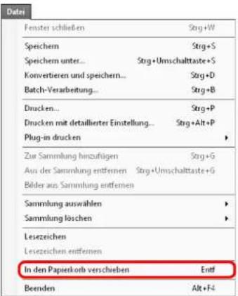 Datei Fenster schließen Speichem Speichem unter... Konverberen und speichern... Batch-Verarbeitung... Drucken... Drucken mit detaillierter Einstellung... Plug-in drucken Zur Sammlung hinzufügen Aus der Sammlung entfernen Bilder aus Sammlung entfernen Sammlung auswahlen Sammlung loschen Lesezeichen Lesezeichen entfernen In den Papierkorb verschleben Entf Beenden Alt+F4
