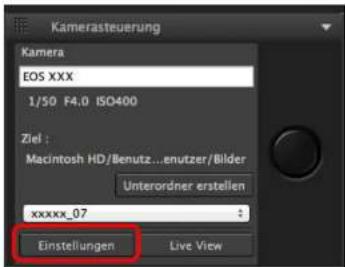 Kamerasteuerung Kamera EOS XXX 1/50 F4.0 ISO400 Ziel : Macintosh HD/Benutz...enutzer/Bilder Unterordner erstellen xxxxx_07 Einstellungen Live View
