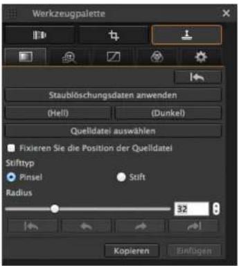 Werkzeugpalette Staublöschungsdaten anwenden (Hell) (Dunkel) Quelldatei auswählen Fixieren Sie die Position der Quelldatei Stifttyp Pinsel Stift Radius 32 Kopieren Einfügen