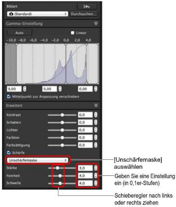 Bildart (Standard) Durchsuchen... Gamma-Einstellung Auto Linear -10,0 -8,0 -6,0 -4,0 -2,0 0,0 2,0 4,0 0,00 0,00 0,00 Mittelpunkt zur Anpassung verschieben Erweitert Kontrast 0,0 Schatten 0,0 Lichter 0,0 Farbton 0,0 Farbsättigung 0,0 Scharfe Unschärfemaske Stärke 3,0 Feinheit 4,0 Schwelle 4,0 [Unschärfemaske] auswählen Geben Sie eine Einstellung ein (in 0,1er-Stufen) Schieberegler nach links oder rechts ziehen