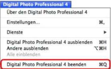 Digital Photo Professional 4 Über den Digital Photo Professional 4 Einstellungen... %, Dienste ► Digital Photo Professional 4 ausblenden %H Andere ausblenden ~ %H Alle einblenden Digital Photo Professional 4 beenden %Q