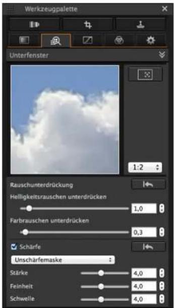 Werkzeugpalette Unterfenster 1:2 Rauschunterdrückung Helligkeitsrauschen unterdrücken 1,0 Farbrauschen unterdrücken 0,3 Schärfe Unschärfemaske Stärke 4,0 Feinheit 4,0 Schwelle 4,0