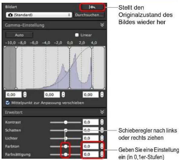 Bildart (Standard) Durchsuchen... Stellt den Originalzustand des Bildes wieder her Gamma-Einstellung Auto Linear -10,0 -8,0 -6,0 -4,0 -2,0 0,0 2,0 4,0 0,00 0,00 0,00 Mittelpunkt zur Anpassung verschieben Erweltert Kontrast Schatten Lichter Farbton Farbsättigung Schieberegler nach links oder rechts ziehen Geben Sie eine Einstellung ein (in 0,1er-Stufen)