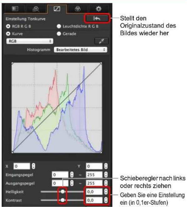 Einstellung Tonkurve RGB R G B Leuchtdichte R G B Kurve Gerade RGB Histogramm Bearbeitetes Bild X 0 Y 0 Eingangspegel 0 ~ 255 Ausgangspegel 0 ~ 255 Helligkeit 0,0 Kontrast 0,0 Stellt den Originalzustand des Bildes wieder her Schieberegler nach links oder rechts ziehen Geben Sie eine Einstellung ein (in 0,1er-Stufen)