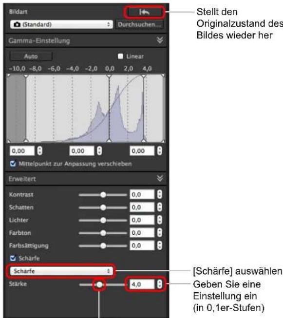Bildart (Standard) Durchsuchen... Gamma-Einstellung Auto Linear -10,0 -8,0 -6,0 -4,0 -2,0 0,0 2,0 4,0 0,00 0,00 0,00 Mittelpunkt zur Anpassung verschieben Erweitert Kontrast Schatten Lichter Farbton Farbsättigung Schärfe Scharfe Stärke [Schärfe] auswählen Geben Sie eine Einstellung ein (in 0,1er-Stufen)