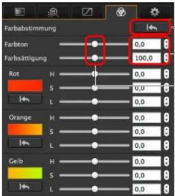 Farbabstimmung Farbton 0,0 Farbsättigung 100,0 Rot H 0,0 S 0,0 L 0,0 Orange H 0,0 S 0,0 L 0,0 Gelb H 0,0 S 0,0 L 0,0