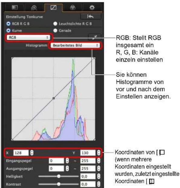 Einstellung Tonkurve RGB R G B Leuchtdichte R G B Kurve Gerafe RGB Histogramm Bearbeitetes Bild RGB: Stellt RGB insgesamt ein R, G, B: Kanäle einzeln einstellen Sie können Histogramme von vor und nach dem Einstellen anzeigen. X 128 Y 130 Eingangspegel 0 - 255 Ausgangspegel 0 - 255 Helligkeit 0,0 Kontrast 0,0 Koordinaten von [☐] (wenn mehrere Koordinaten eingestellt wurden, zuletzt eingestellte Koordinaten [☐]