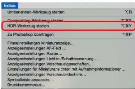 Umbenennen-Werkzeug starten Compositing-Werkzeug starten HDR-Werkzeug starien Zu Photoshop übertragen Filtereinstellungen Miniaturanzeige... Anzeigeeinstellungen AF-Feld ... Anzeigeeinstellungen Raster... Anzeigeeinstellungen Lichter-/Schattenwarnung... Anzeigeeinstellungen Vorschauelgenschaften... Einstellungen für Miniaturansichten mit Aufnahmeinformationen... Anzeigeeinstellungen Vorschaubildachirm... Symbolleiste anpassen... Drucktastenmodus...