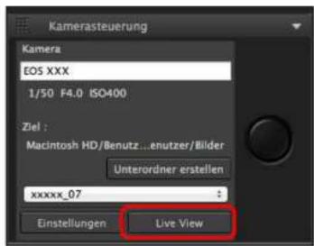 Kamerasteuerung Kamera EOS XXX 1/50 F4.0 ISO400 Ziel : Macintosh HD/Benutz...enutzer/Bilder Unterordner erstellen xxxxx_07 Einstellungen Live View