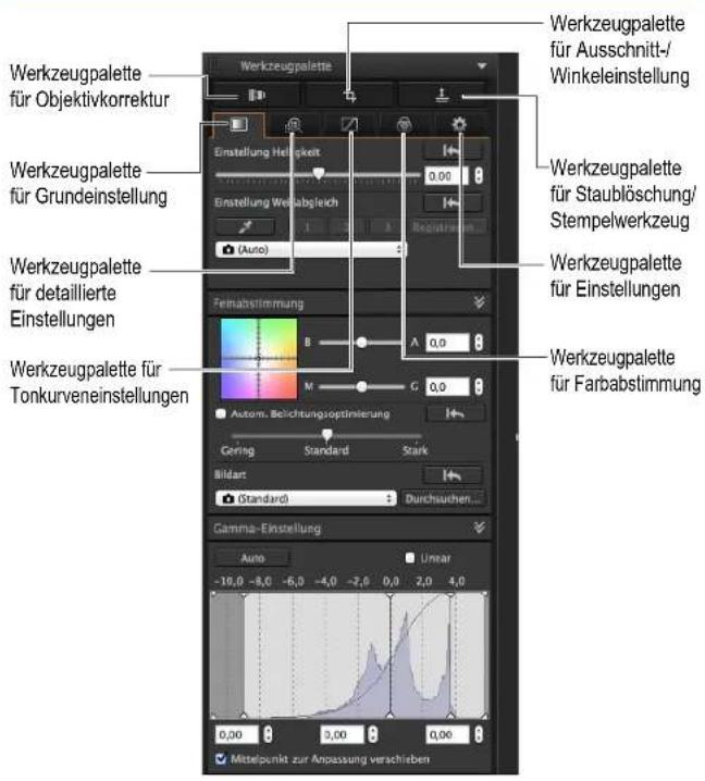 Werkzeugpalette für Objektivkorrektur Werkzeugpalette für Grundeinstellung Werkzeugpalette für detaillierte Einstellungen Werkzeugpalette für Tonkurveneinstellungen Einstellung Heiligung Einstellung Wertabgleich (Auto) Feinabstimmung B M G 0,0 0,0 0,0 Autom. Belichtungsoptimierung Cering Standard Stark Bildart (Standard) Durchsuchen... Gamma-Einstellung Auto -10,0 -8,0 -6,0 -4,0 -2,0 0,0 2,0 4,0 0,00 3,00 0,00 Mittelpunkt zur Anpassung verschieben Werkzeugpalette für Ausschnitt-/Winkeleinstellung Werkzeugpalette für Staublöschung/Stempelwerkzeug Werkzeugpalette für Einstellungen Werkzeugpalette für Farbabstimmung