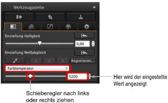 Werkzeugpalette Einstellung Helligkeit 0,00 Einstellung Weißabgleich 1 2 3 Registrieren... Farbtemperatur 5200 Hier wird der eingestellte Wert angezeigt Schieberegler nach links oder rechts ziehen