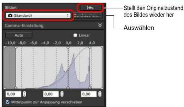 Bildart (Standard) Stellt den Originalzustand des Bildes wieder her Auswählen Gamma-Einstellung Auto Linear -10,0 -8,0 -6,0 -4,0 -2,0 0,0 2,0 4,0 0,00 0,00 0,00 Mittelpunkt zur Anpassung verschieben