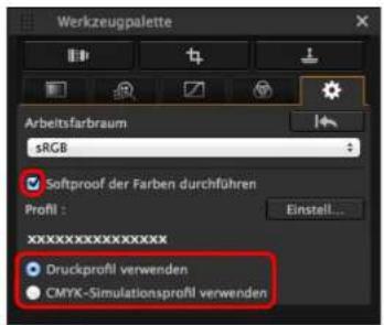 Werkzeugpalette Arbeitsfarbraum sRGB Softproof der Farben durchführen Profil : Einstell... XXXXXXXXXXXXXX Druckprofil verwenden CMYK-Simulationsprofil verwenden