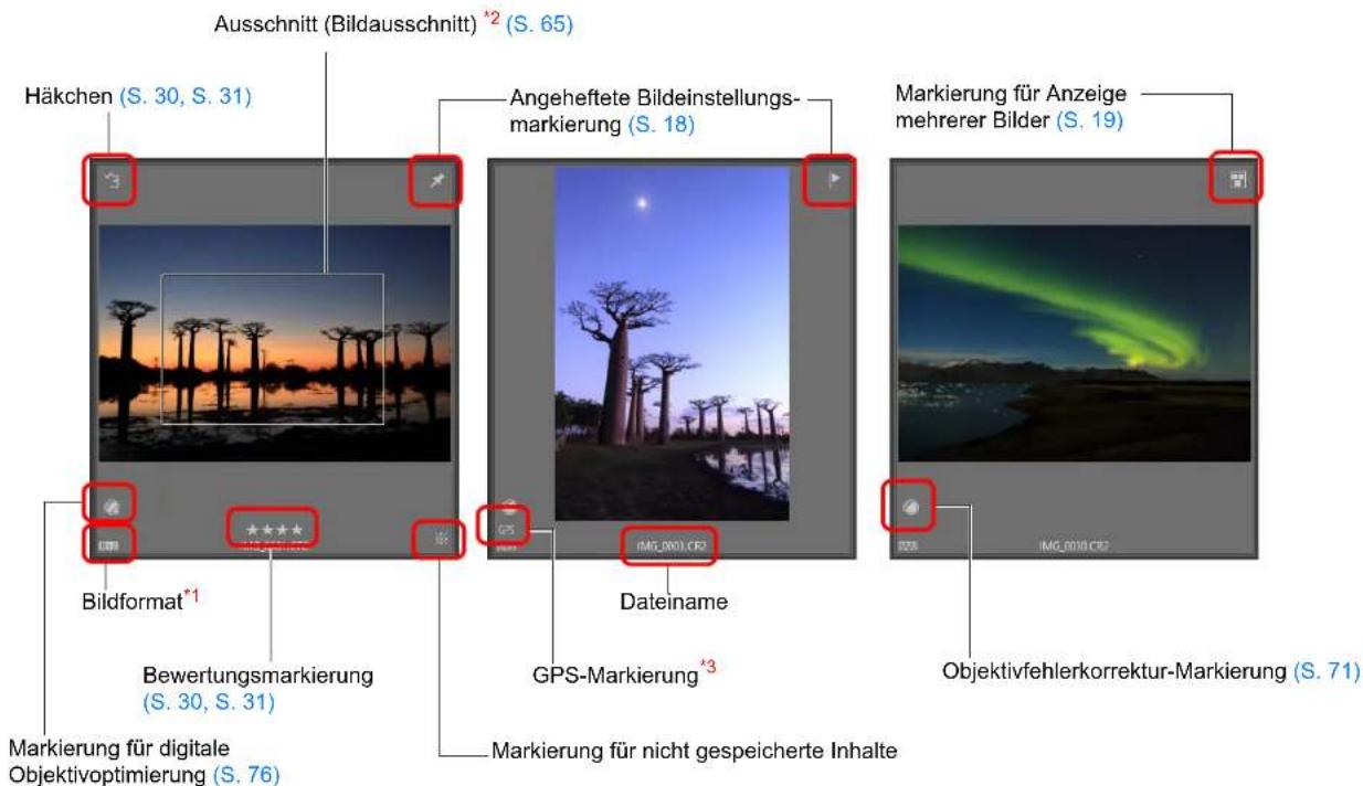 Ausschnitt (Bildausschnitt) *2 (S. 65) Häkchen (S. 30, S. 31) Angeheftete Bildeinstellungsmarkierung (S. 18) Markierung für Anzeige mehrerer Bilder (S. 19) Bildformat*1 Bewertungsmarkierung (S. 30, S. 31) Dateiname GPS-Markierung *3 Objektivfehlerkorrektur-Markierung (S. 71) Markierung für digitale Objektivoptimierung (S. 76) Markierung für nicht gespeicherte Inhalte