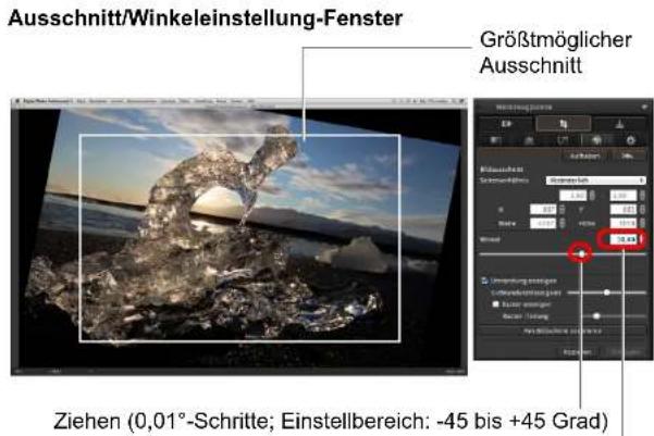 Ausschnitt/Winkeleinstellung-Fenster Größtmöglicher Ausschnitt Ziehen (0,01°-Schritte; Einstellbereich: -45 bis +45 Grad)