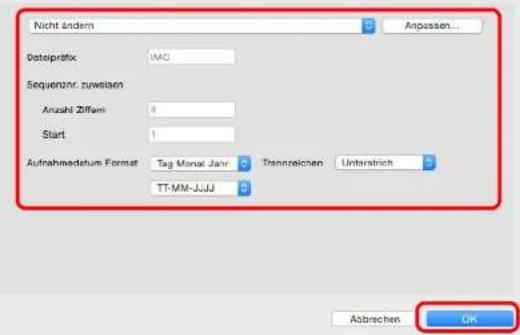 Nicht ländem Anpassen... Bsteiprefix: IMG Sequenzur. zuwelsen Anzahl Ziffern: 4 Start: 1 Aufnahmiedatum Format: Tag Monat Jahr Tranzelnzen: Unterstrich TT-MM-JJJJ Abbrechen OK