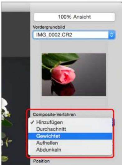 100% Ansicht Vordergrundbild IMG_0002.CR2 Composite-Verfahren ✓ Hinzufügen Durchschnitt Gewichtet Aufhellen Abdunkeln Position